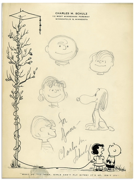 Charles Schulz Drawing of His ''Peanuts'' Characters From 1957 -- Includes Charlie Brown, Snoopy, Lucy, Linus & Schroeder